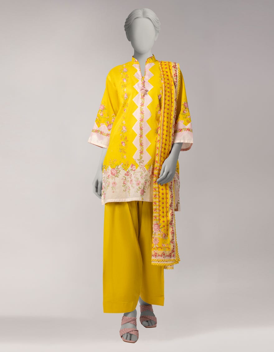 YELLOW LAWN PRINTED 3PC STITCHED