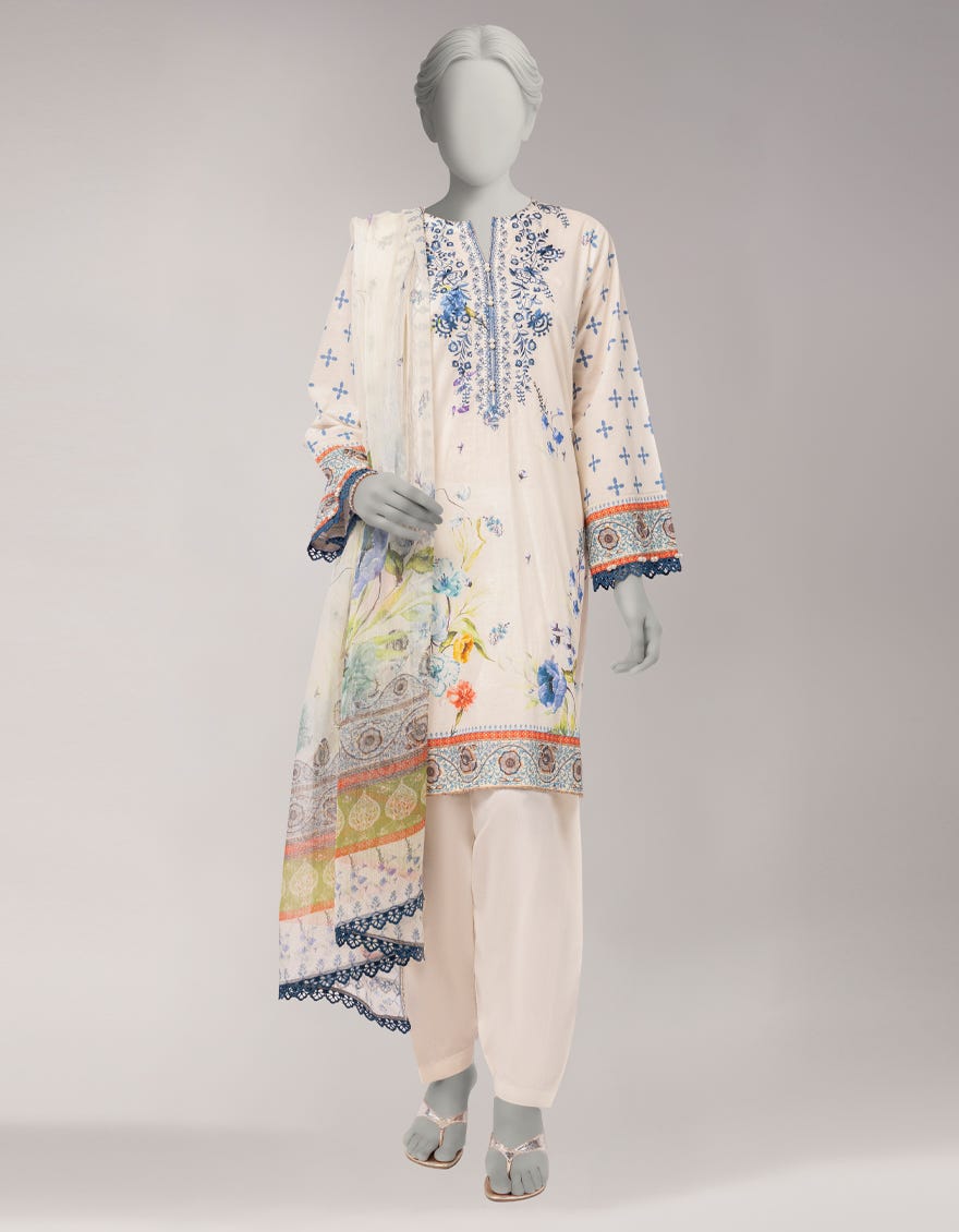 OFF WHITE LAWN EMBROIDERED 3PC STITCHED