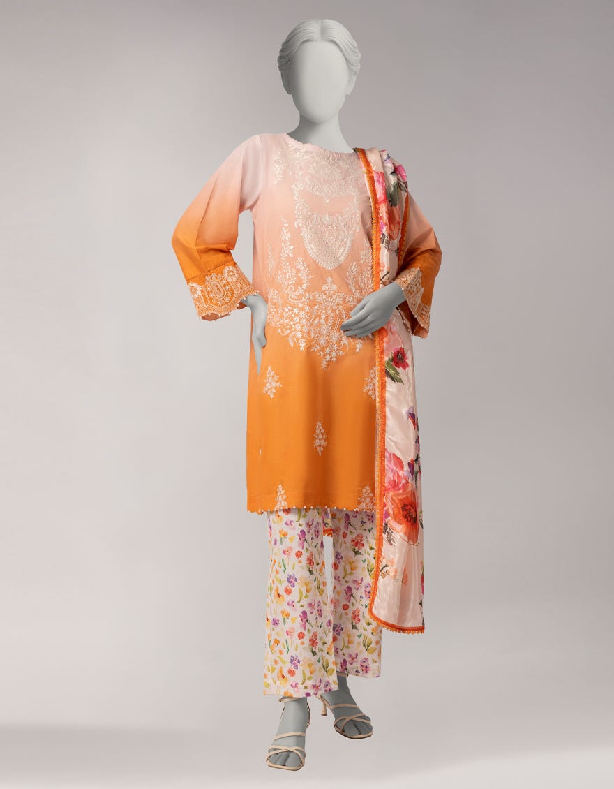 ORANGE LAWN SCHIFFLI 3PC STITCHED