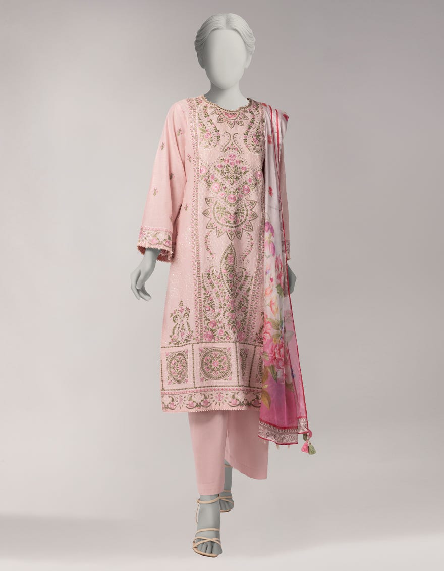 PINK LAWN EMBROIDERED STITCHED 3PC