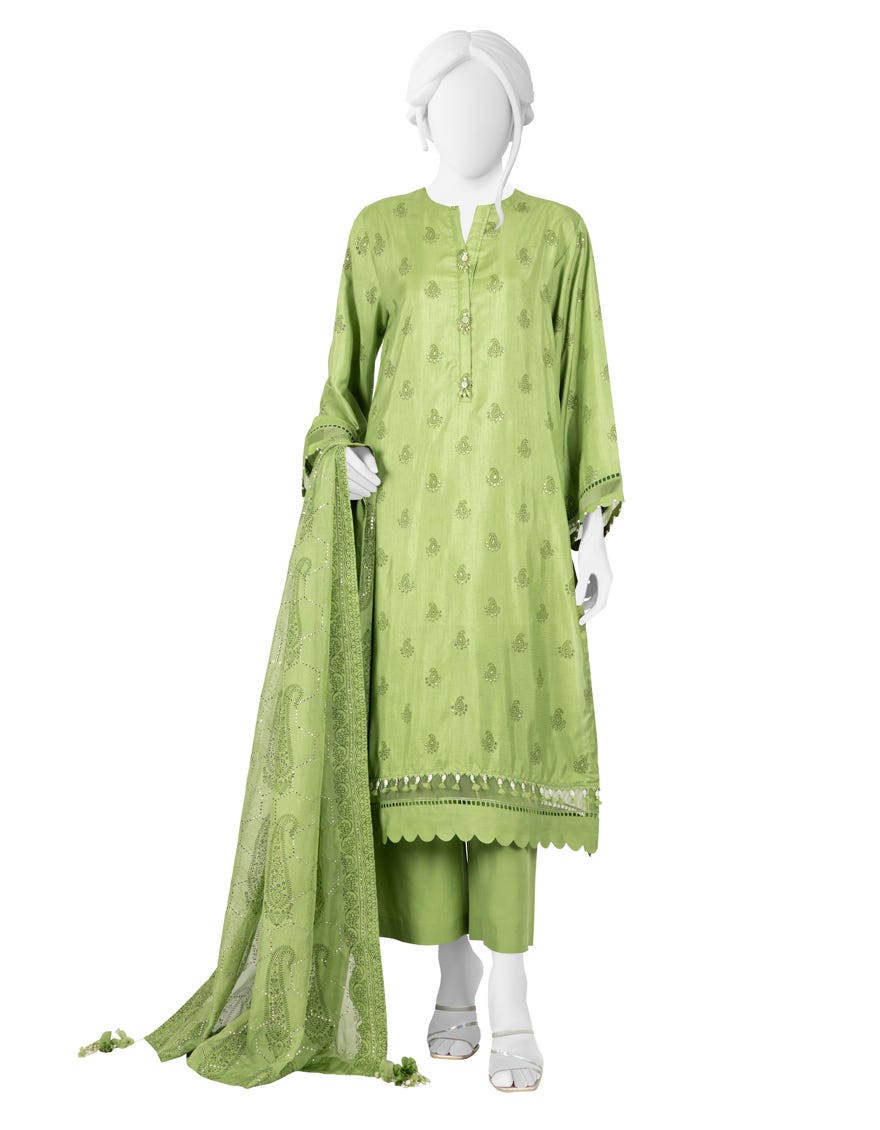 Green Raw Silk Unstitched 3 Piece Dress | Jlawn-S-23-291