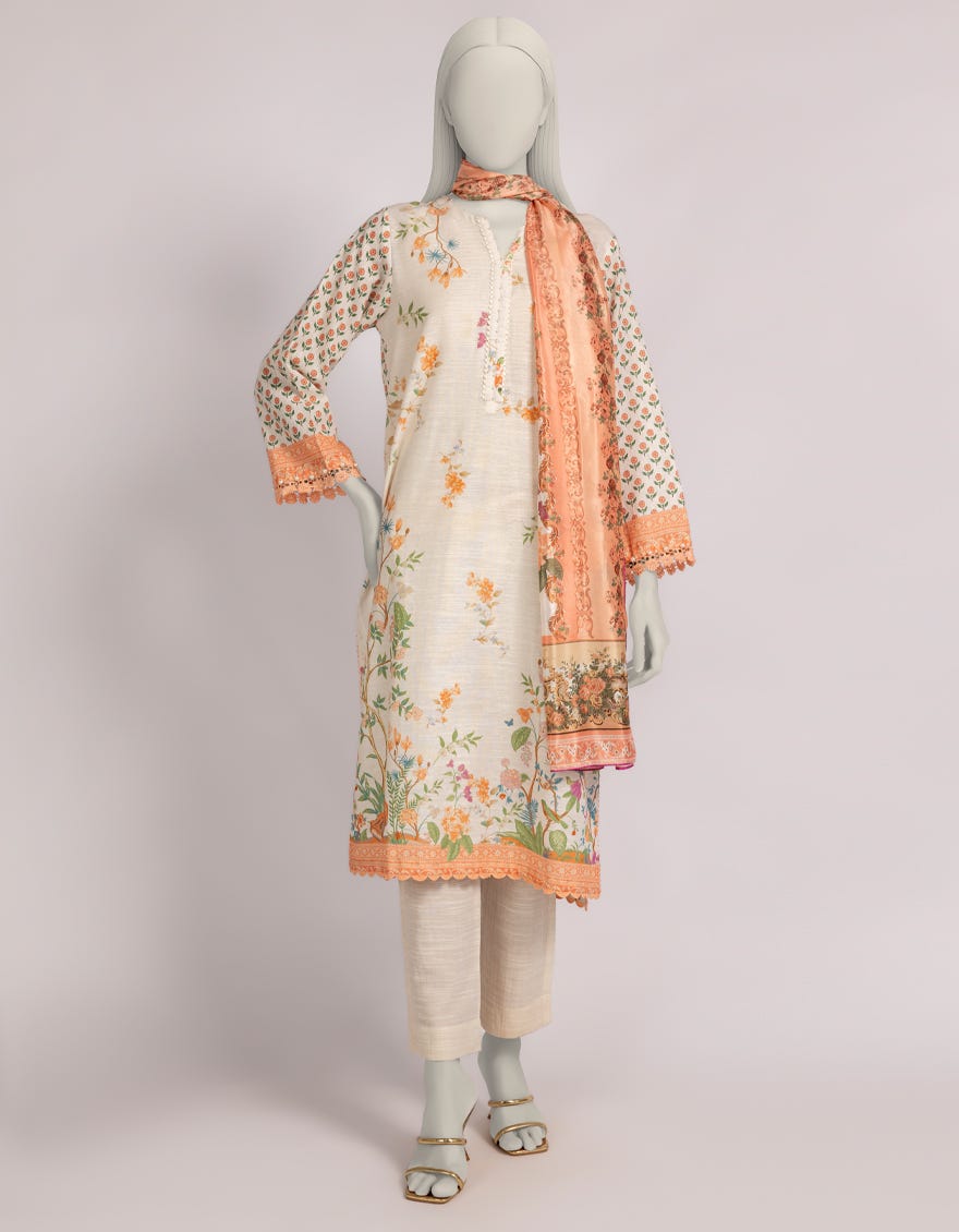 BEIGE CAMBRIC DIGITAL PRINTED 3PC STITCHED
