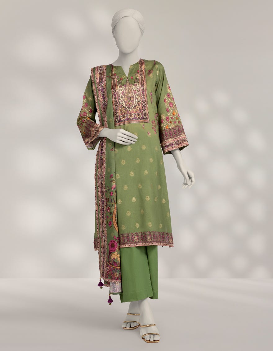 GREEN JACQUARD PRINTED 3PC STITCHED