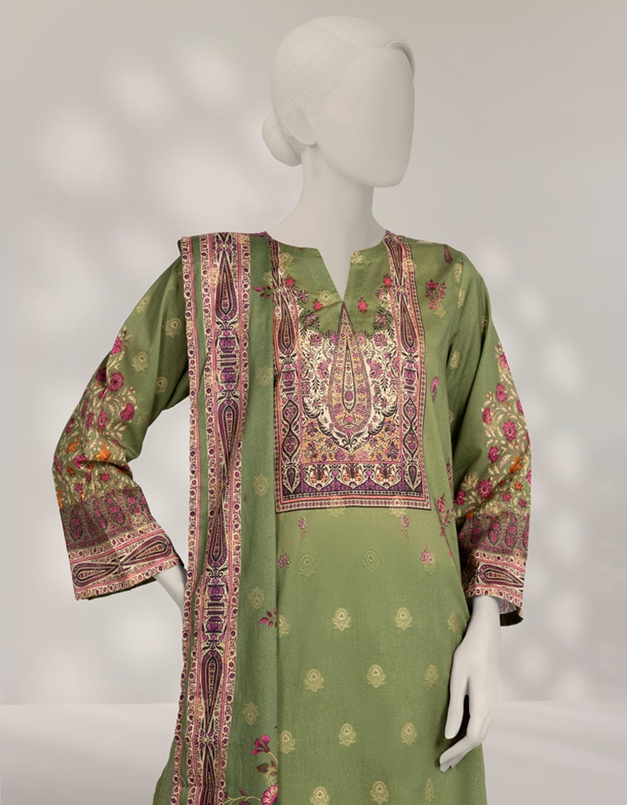 GREEN JACQUARD PRINTED 3PC STITCHED