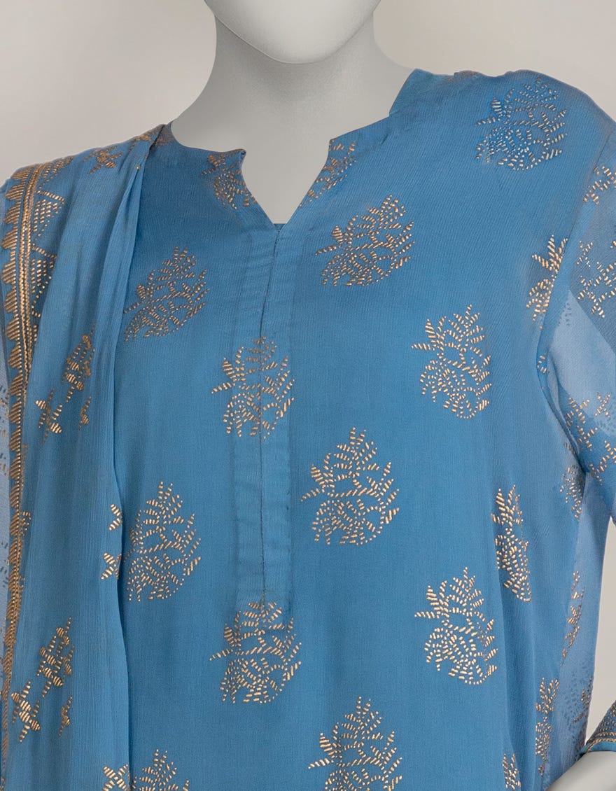 BLUE IMPURE CHIFFON DYED 3PC STITCHED
