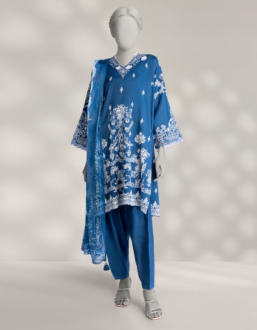 BLUE MAPLE SILK EMBROIDERED 3PC STITCHED