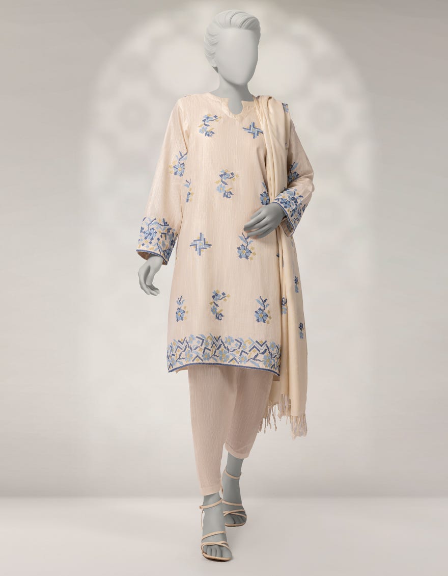 OFF WHITE KHADDAR EMBROIDERED 3PC STITCHED