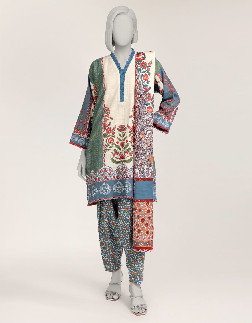 BLUE KHADDAR PRINTED 3PC STITCHED