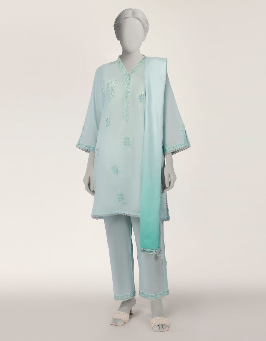 GREEN JACQUARD EMBROIDERED 3PC STITCHED