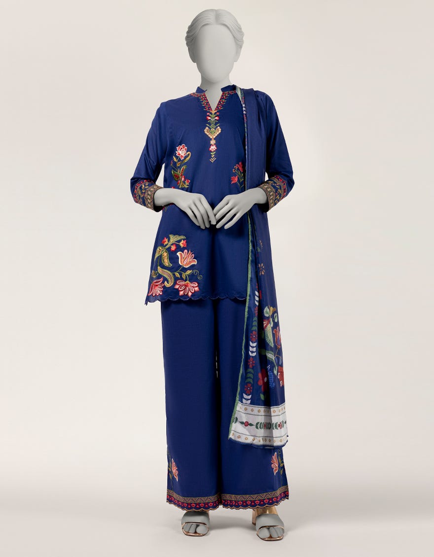 BLUE LAWN EMBROIDERED STITCHED 3PC