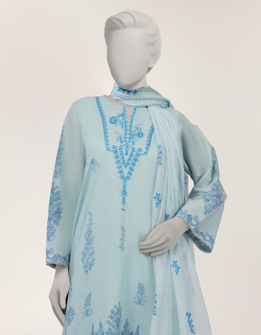 BLUE LAWN EMBROIDERED STITCHED 3PC
