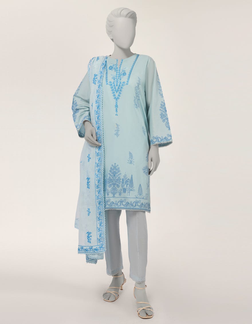 BLUE LAWN EMBROIDERED STITCHED 3PC