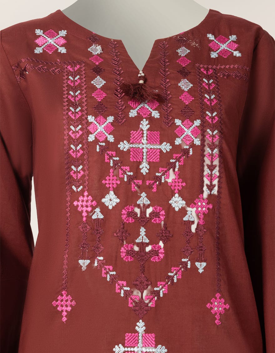 MAROON LAWN EMBROIDERED STITCHED 3PC