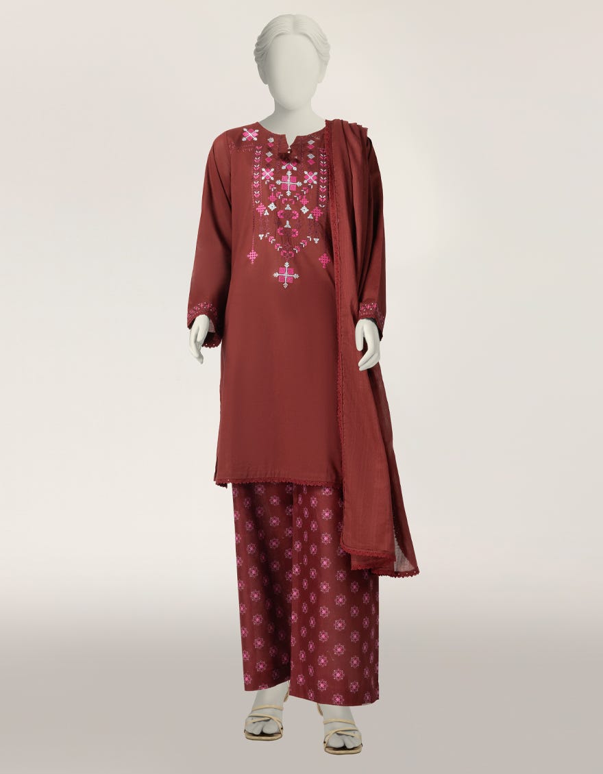 MAROON LAWN EMBROIDERED STITCHED 3PC