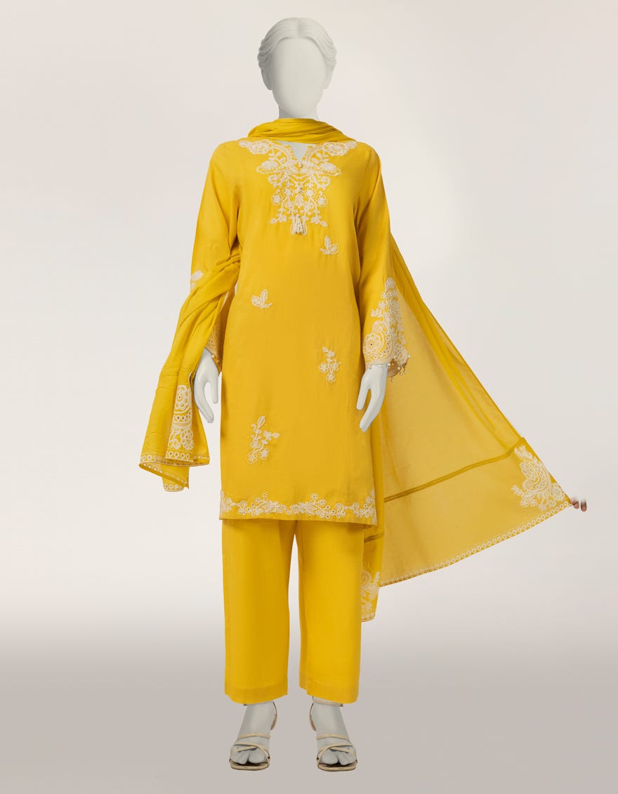 YELLOW LAWN EMBROIDERED STITCHED 3PC