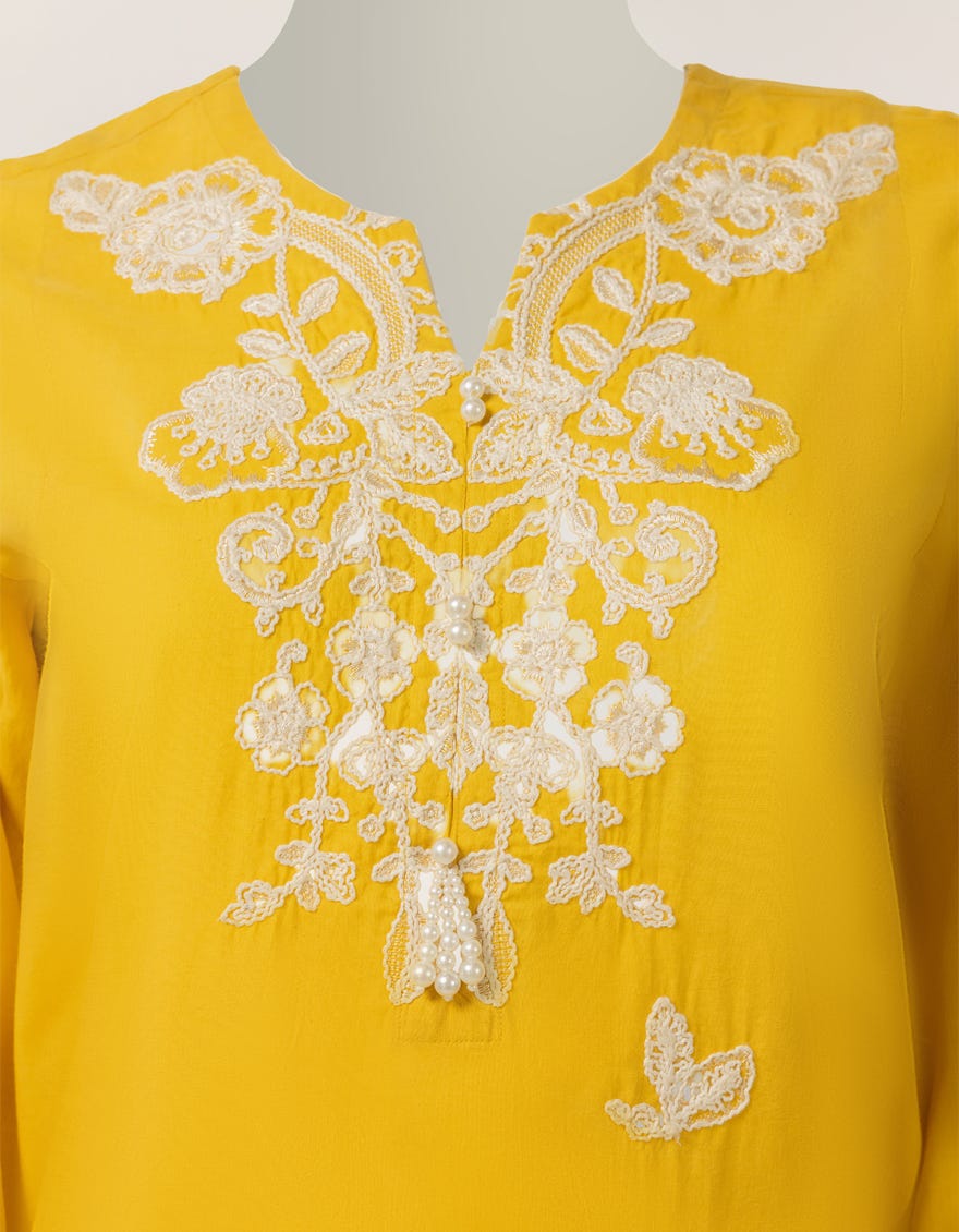 YELLOW LAWN EMBROIDERED STITCHED 3PC