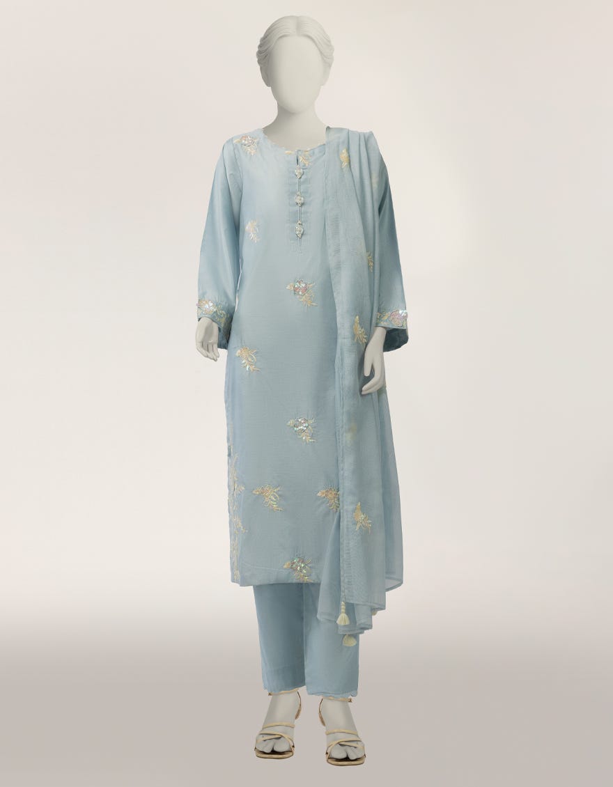 BLUE COTTON SILK EMBROIDERED STITCHED 3PC