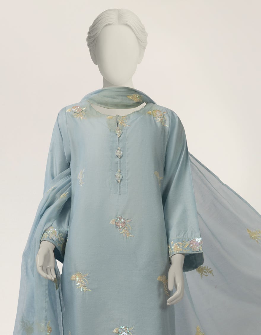BLUE COTTON SILK EMBROIDERED STITCHED 3PC