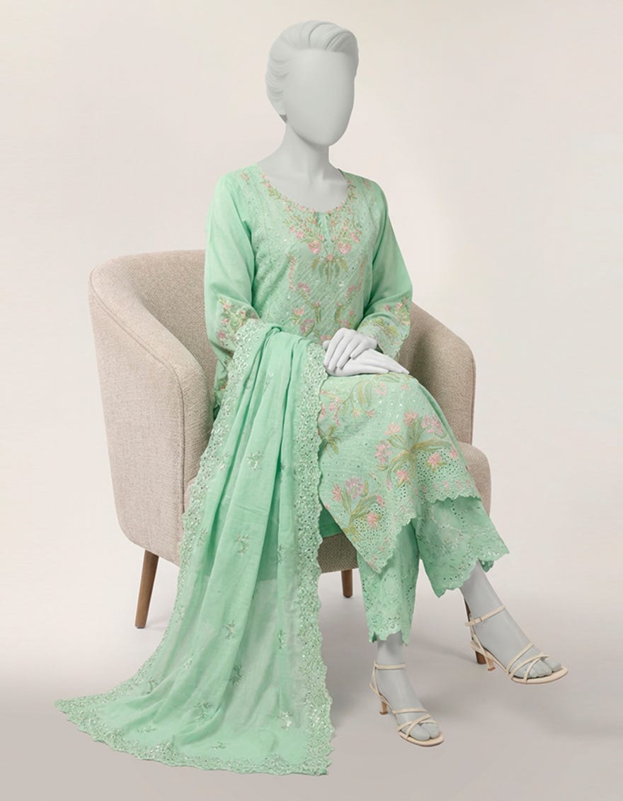 SEA GREEN LAWN SCHIFFLI STITCHED 3PC