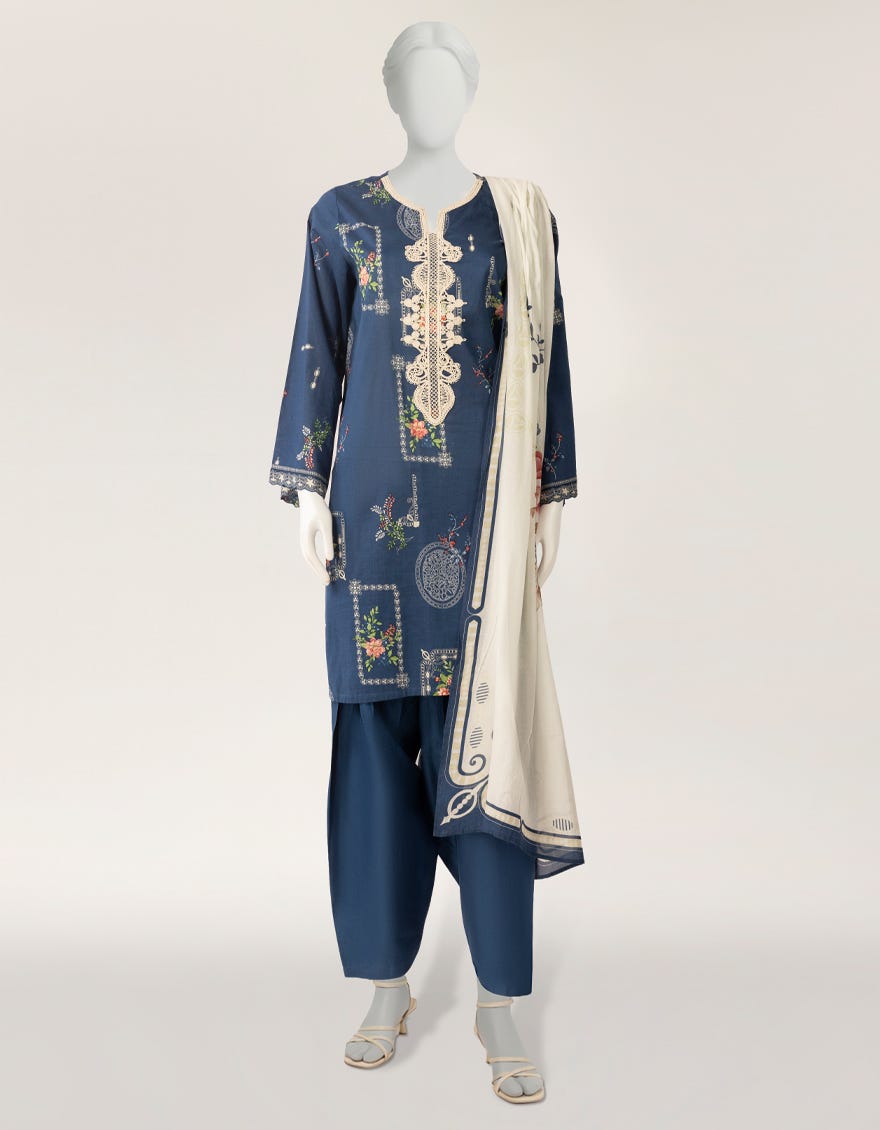 BLUE LAWN EMBROIDERED STITCHED 3PC