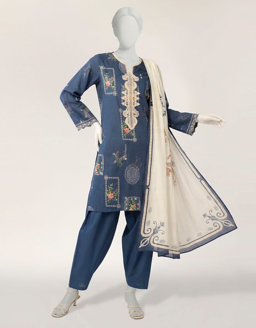 BLUE LAWN EMBROIDERED STITCHED 3PC