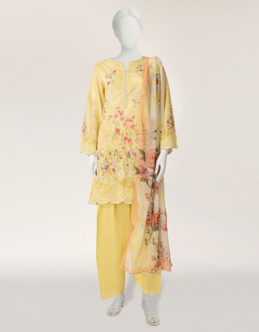 YELLOW LAWN EMBROIDERED STITCHED 3PC