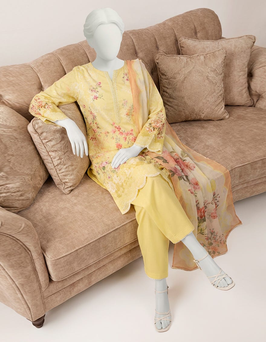 YELLOW LAWN EMBROIDERED STITCHED 3PC