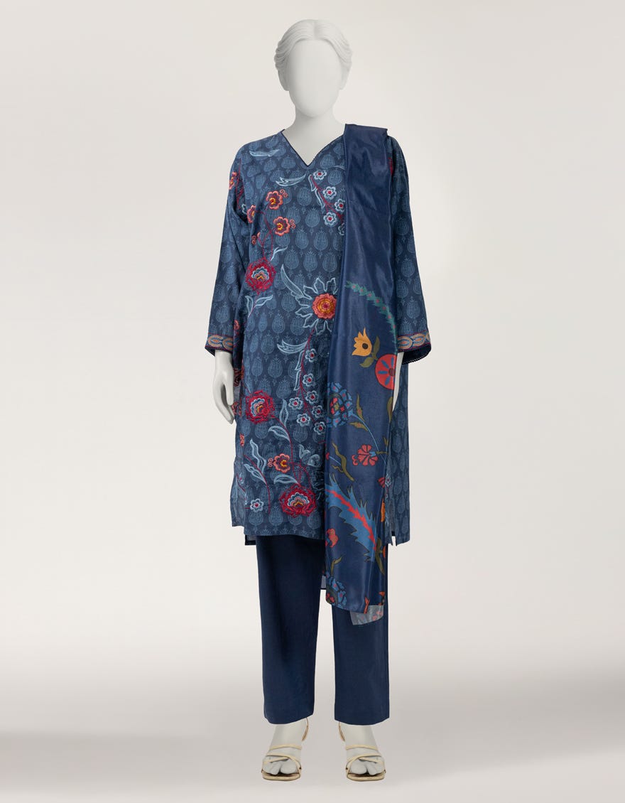 BLUE LAWN EMBROIDERED STITCHED 3PC