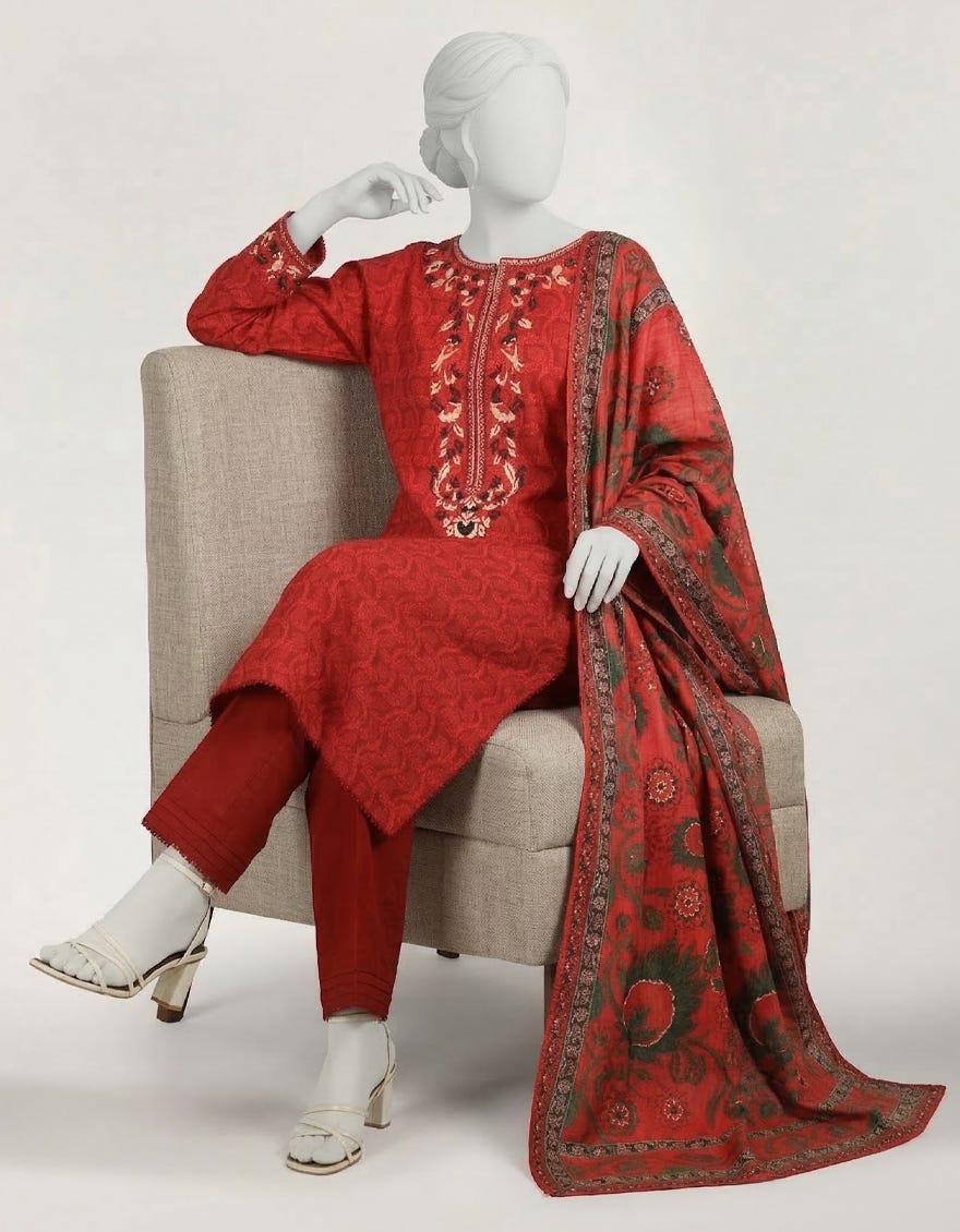 RED LAWN EMBROIDERED STITCHED 3PC