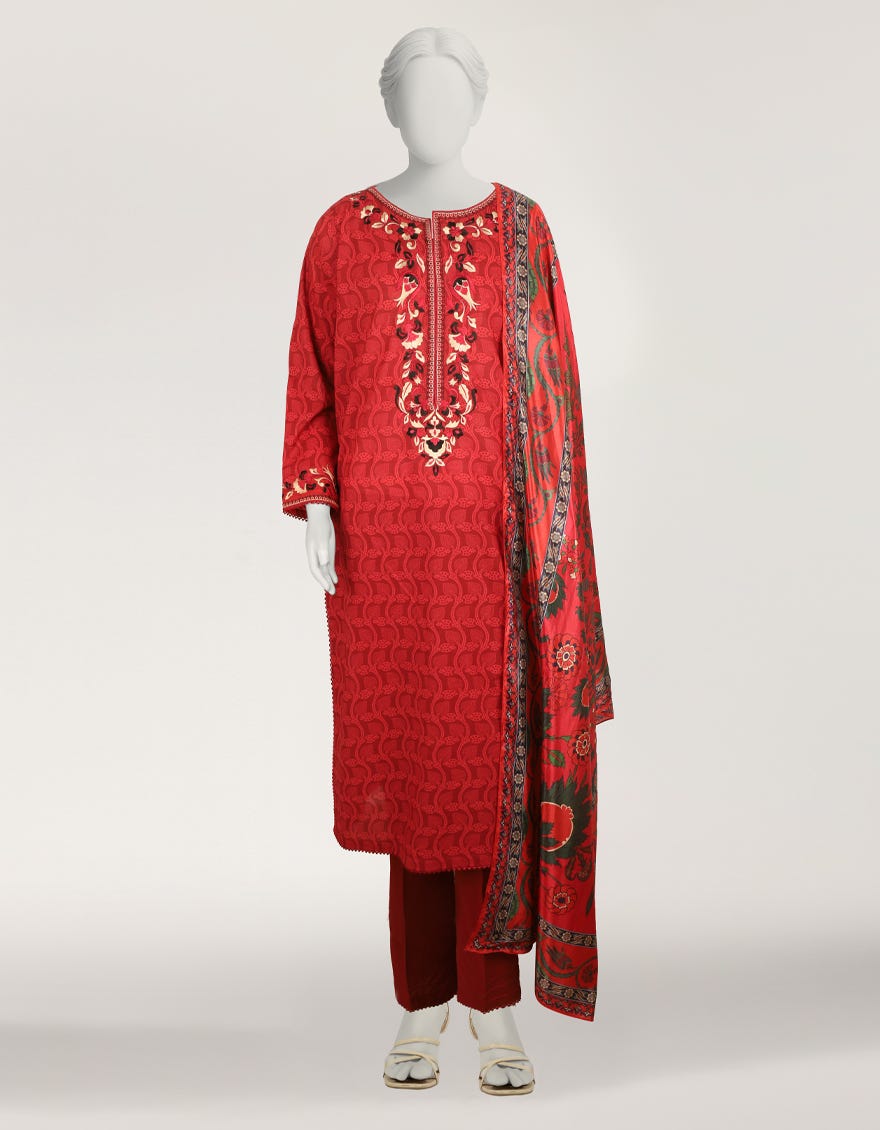RED LAWN EMBROIDERED STITCHED 3PC