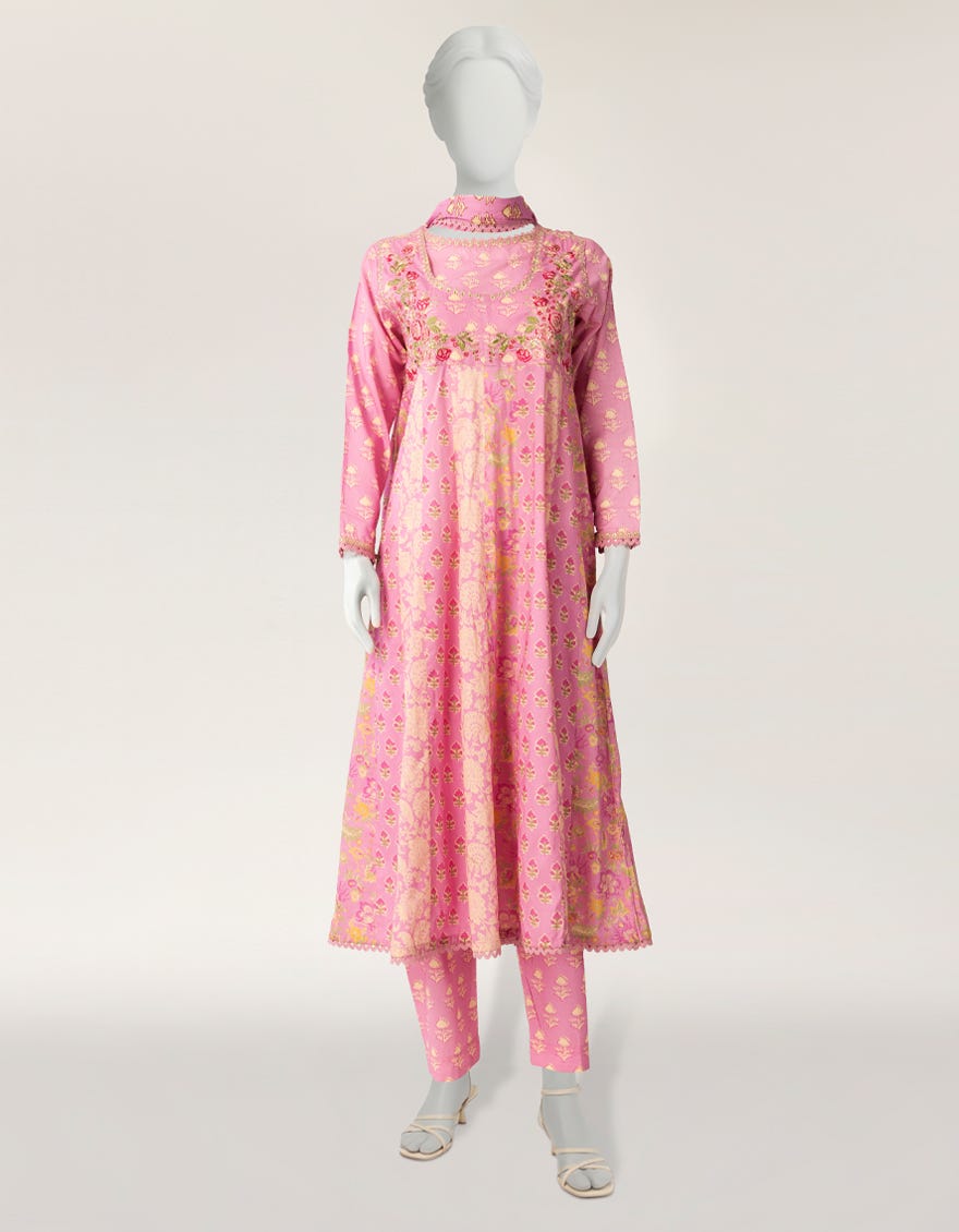 PINK LAWN EMBROIDERED STITCHED 3PC
