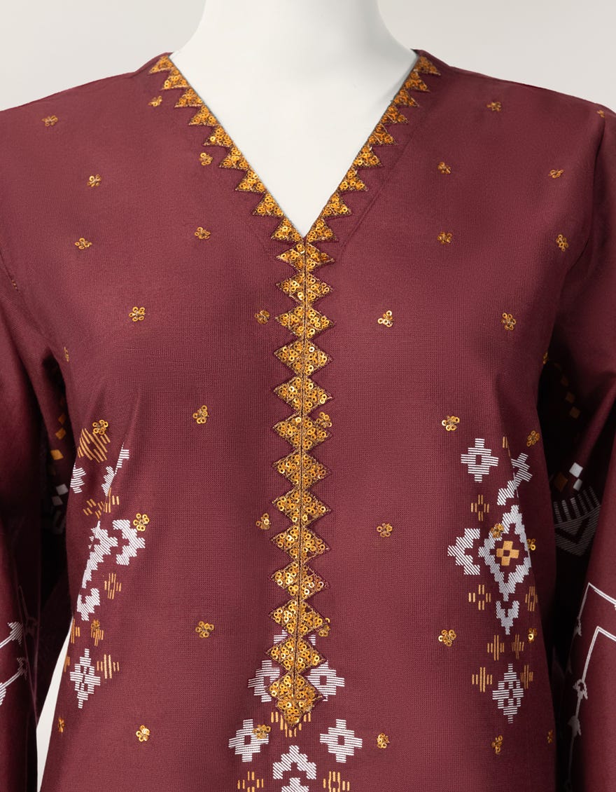 MAROON COTTON SILK EMBROIDERED STITCHED 3PC