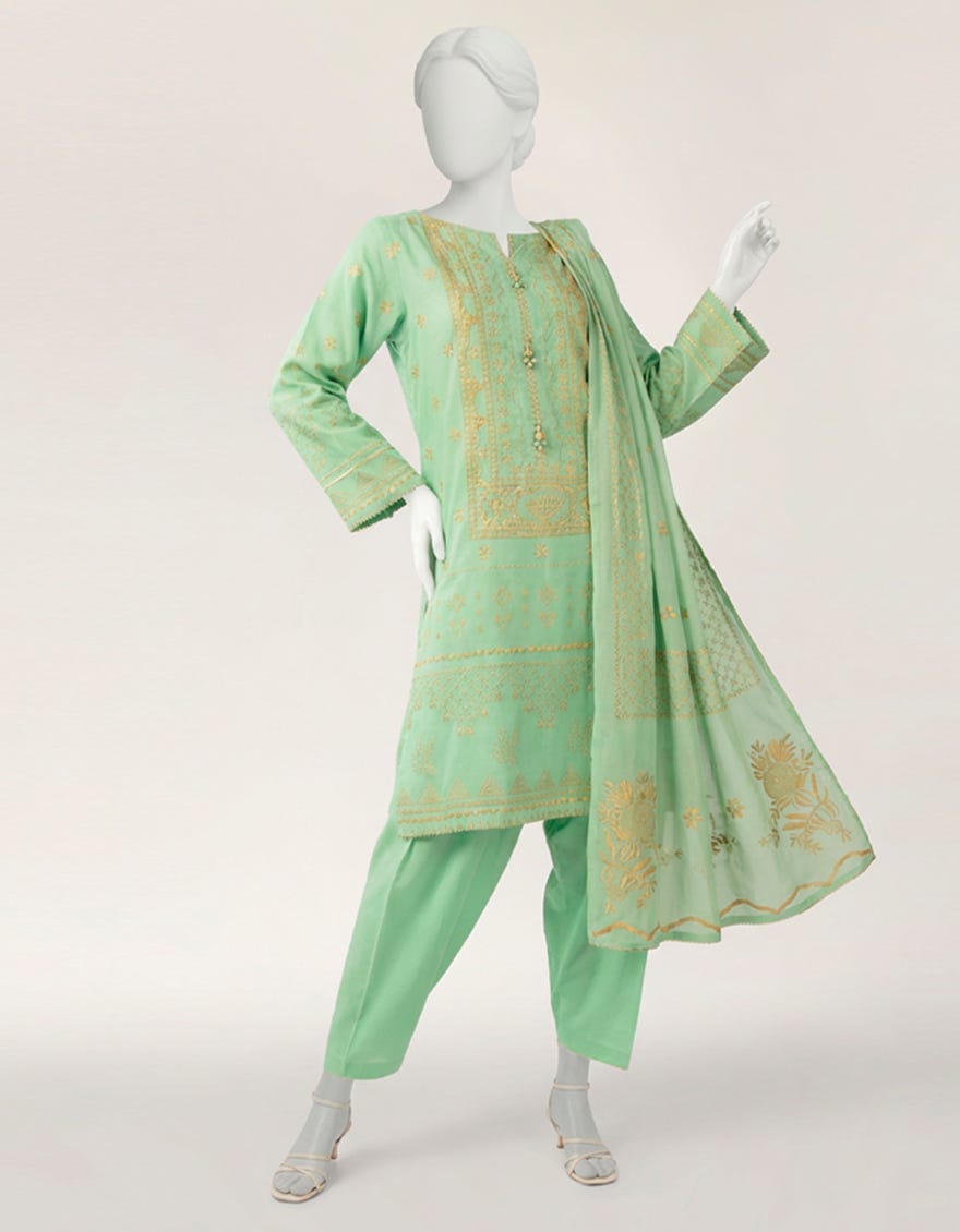 GREEN CHIFFON DYED STITCHED 3PC