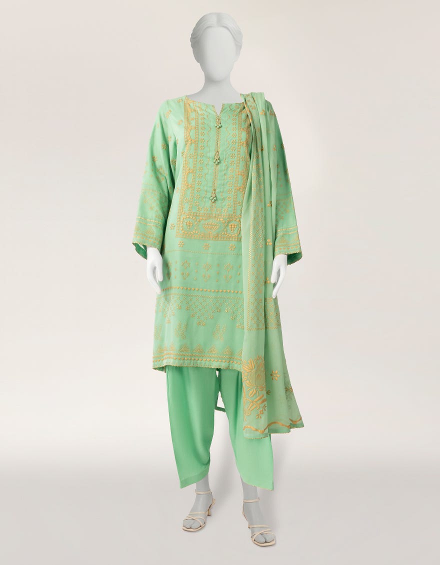GREEN CHIFFON DYED STITCHED 3PC