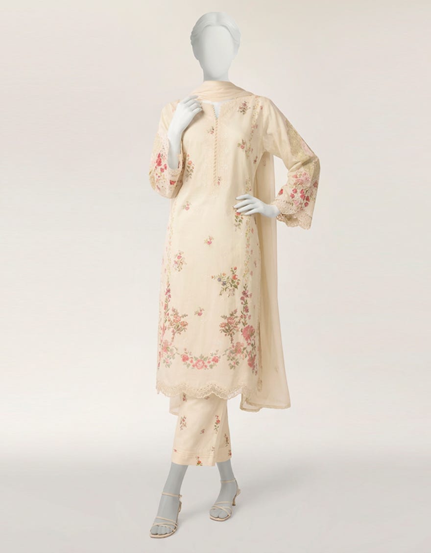 OFF WHITE LAWN SILK SCHIFFLI STITCHED 3PC