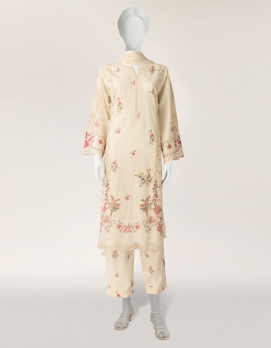OFF WHITE LAWN SILK SCHIFFLI STITCHED 3PC