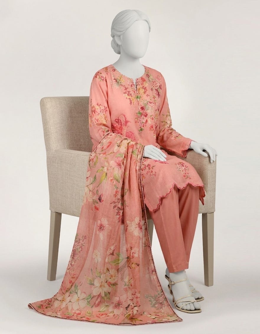 PINK LAWN EMBROIDERED STITCHED 3PC