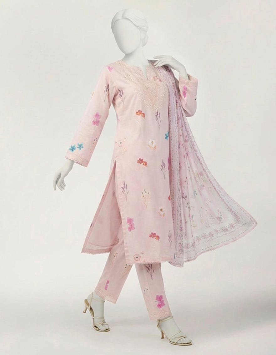 PINK LAWN EMBROIDERED STITCHED 3PC
