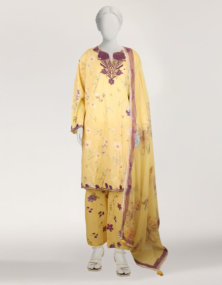 YELLOW LAWN EMBROIDERED STITCHED 3PC