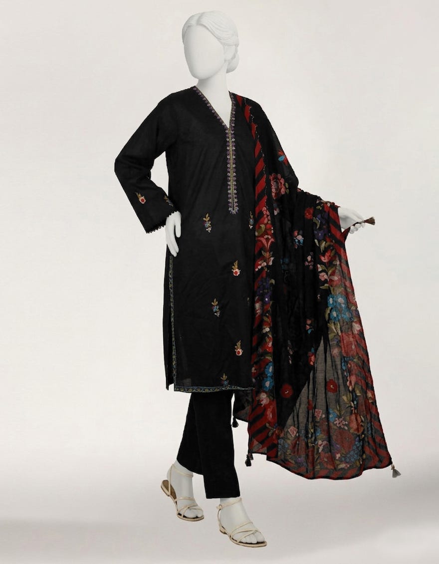 BLACK LAWN EMBROIDERED STITCHED 3PC