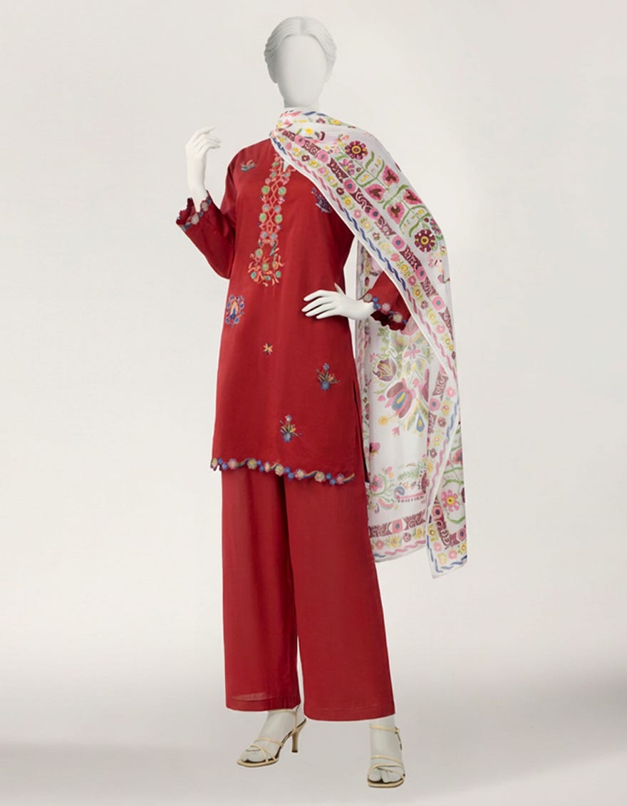 MAROON LAWN EMBROIDERED STITCHED 3PC