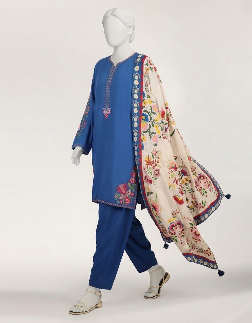 BLUE LAWN EMBROIDERED STITCHED 3PC