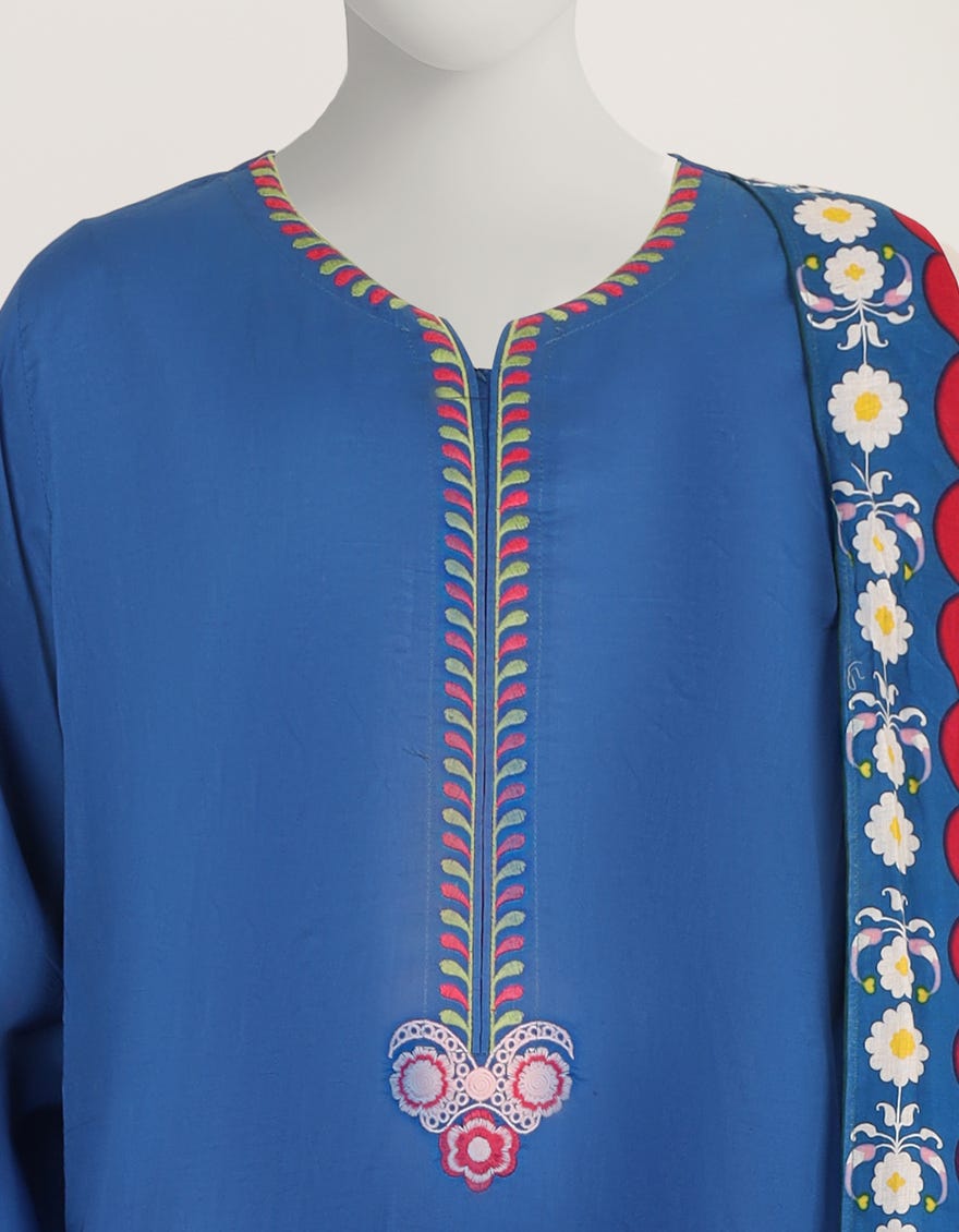 BLUE LAWN EMBROIDERED STITCHED 3PC
