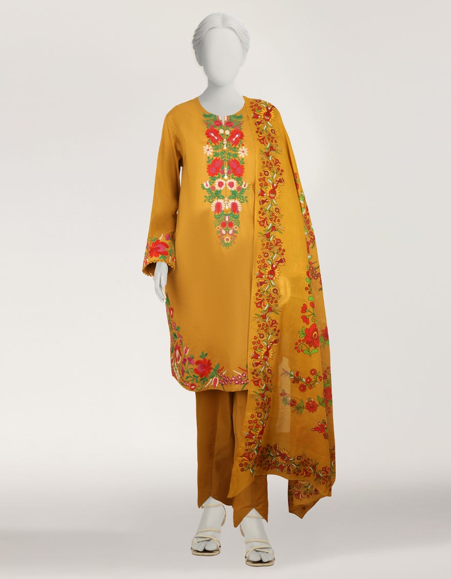 MUSTARD LAWN EMBROIDERED STITCHED 3PC