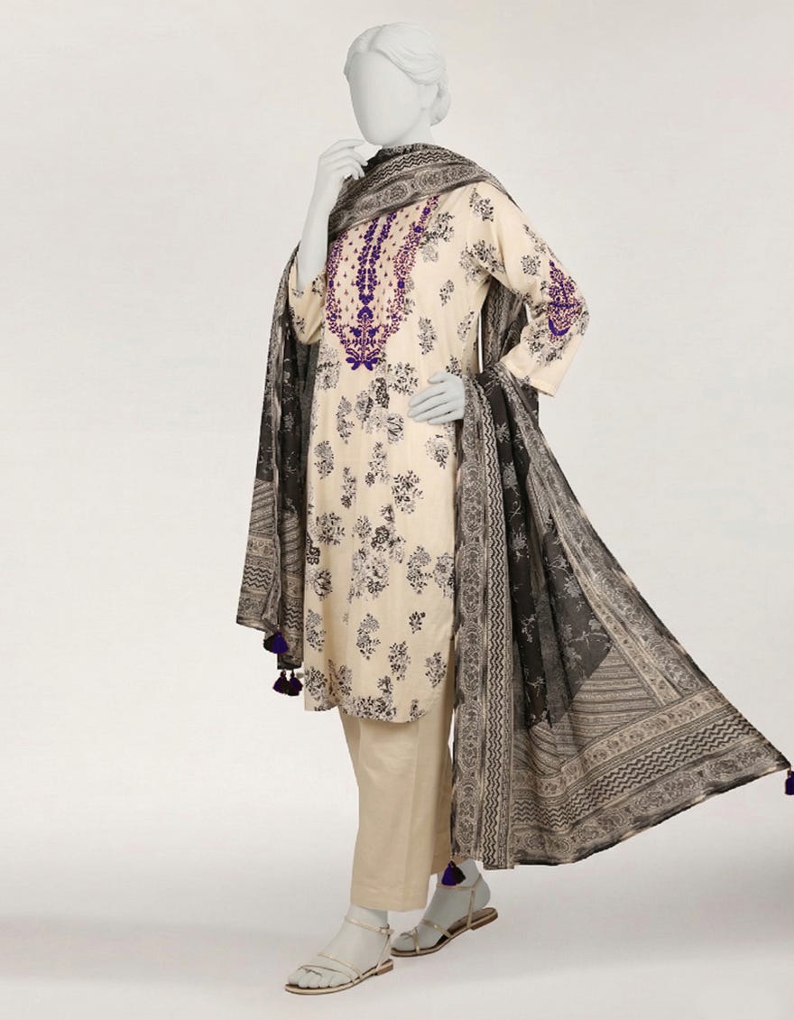 BEIGE LAWN EMBROIDERED STITCHED 3PC