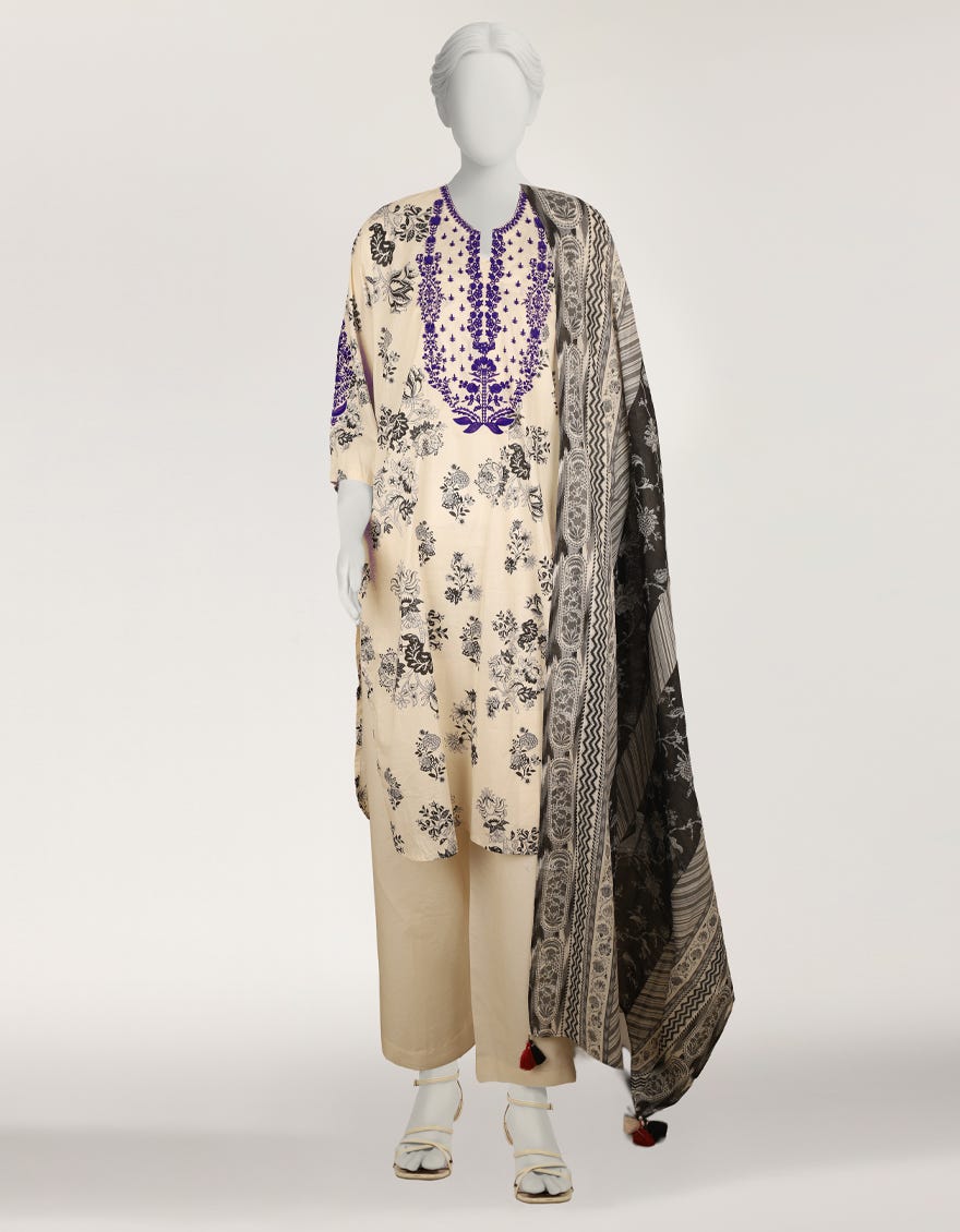 BEIGE LAWN EMBROIDERED STITCHED 3PC