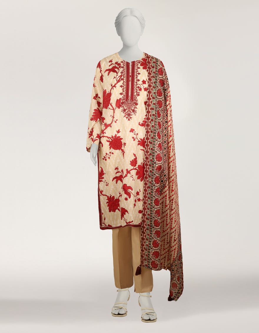 BEIGE LAWN EMBROIDERED STITCHED 3PC