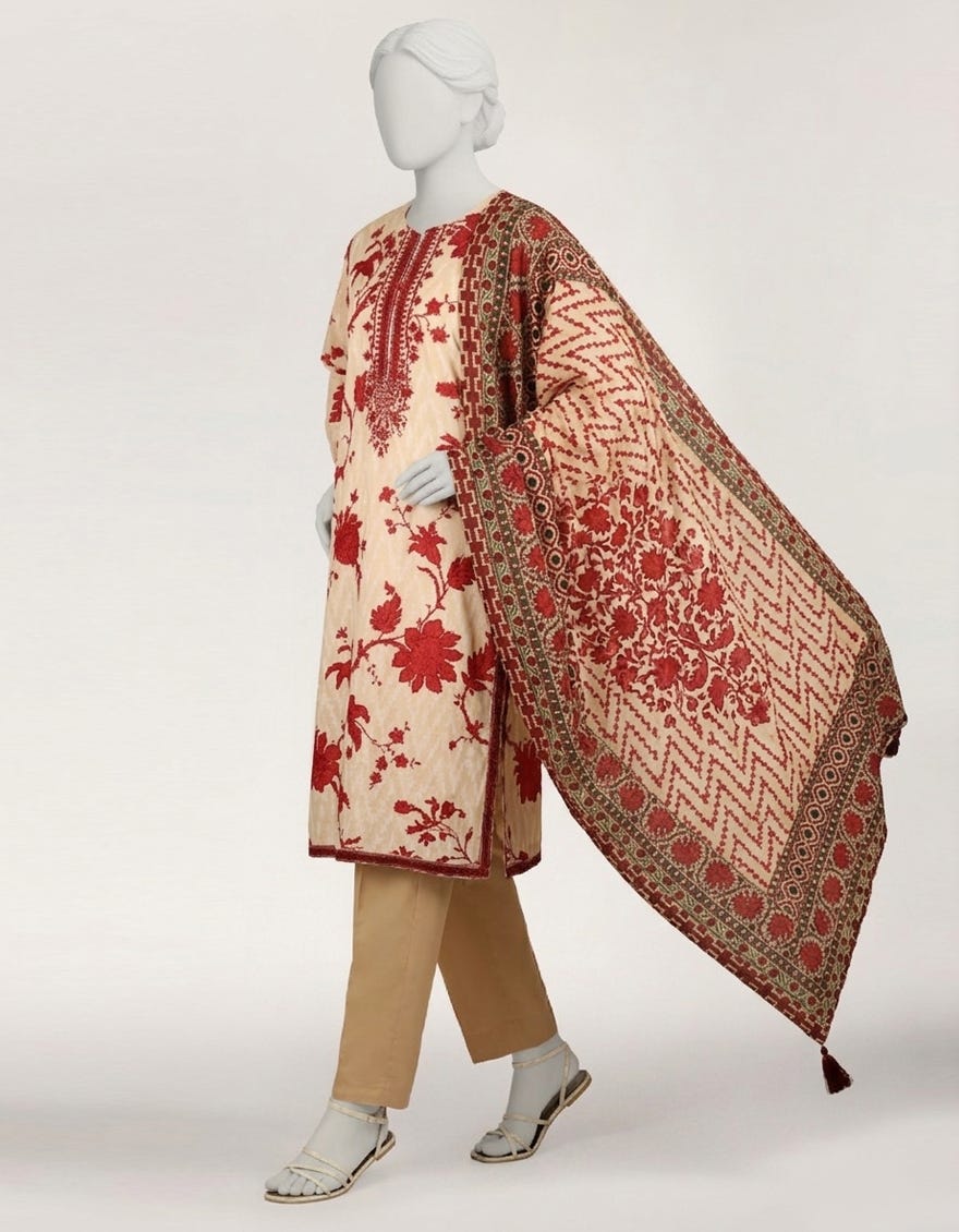 BEIGE LAWN EMBROIDERED STITCHED 3PC