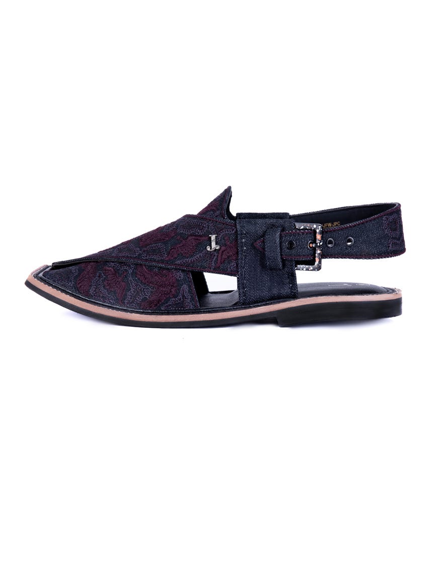 Black Embroidered Single Sole Peshawari Chappal | Jjfw-Jpc-060-R1-Emb
