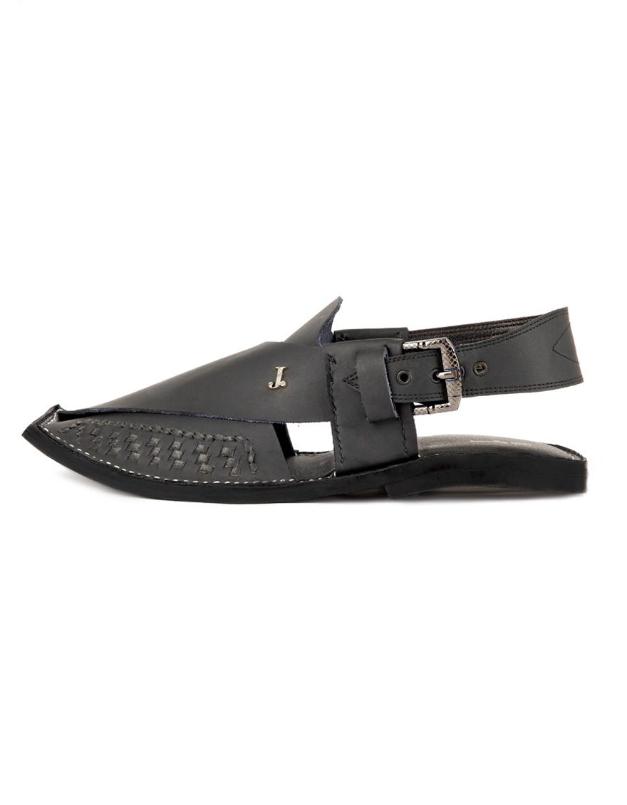 Black Plain Men Peshawari Chappal | Jjfw-Jpc-11399
